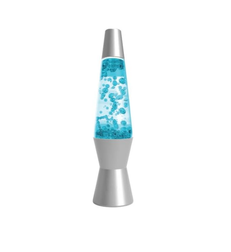 Lava Lamp with silver base and blue lava floating in the lamp. 