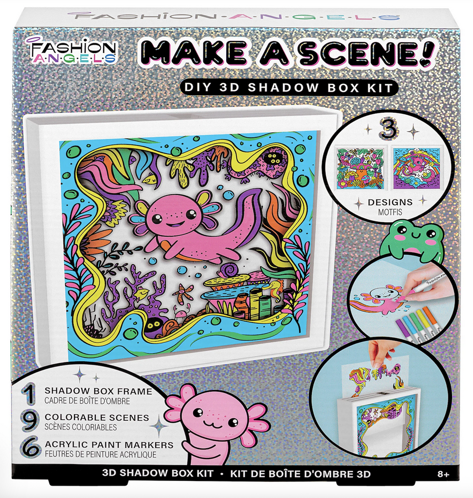 Silver, sparkly box with pictures of the Make A Scene 3D Shadow Box  complete with a colored scene of the aquatic axolotl, there are insert pictures of the 2 other designs, the acrylic paint markers and the shadow box itself. 