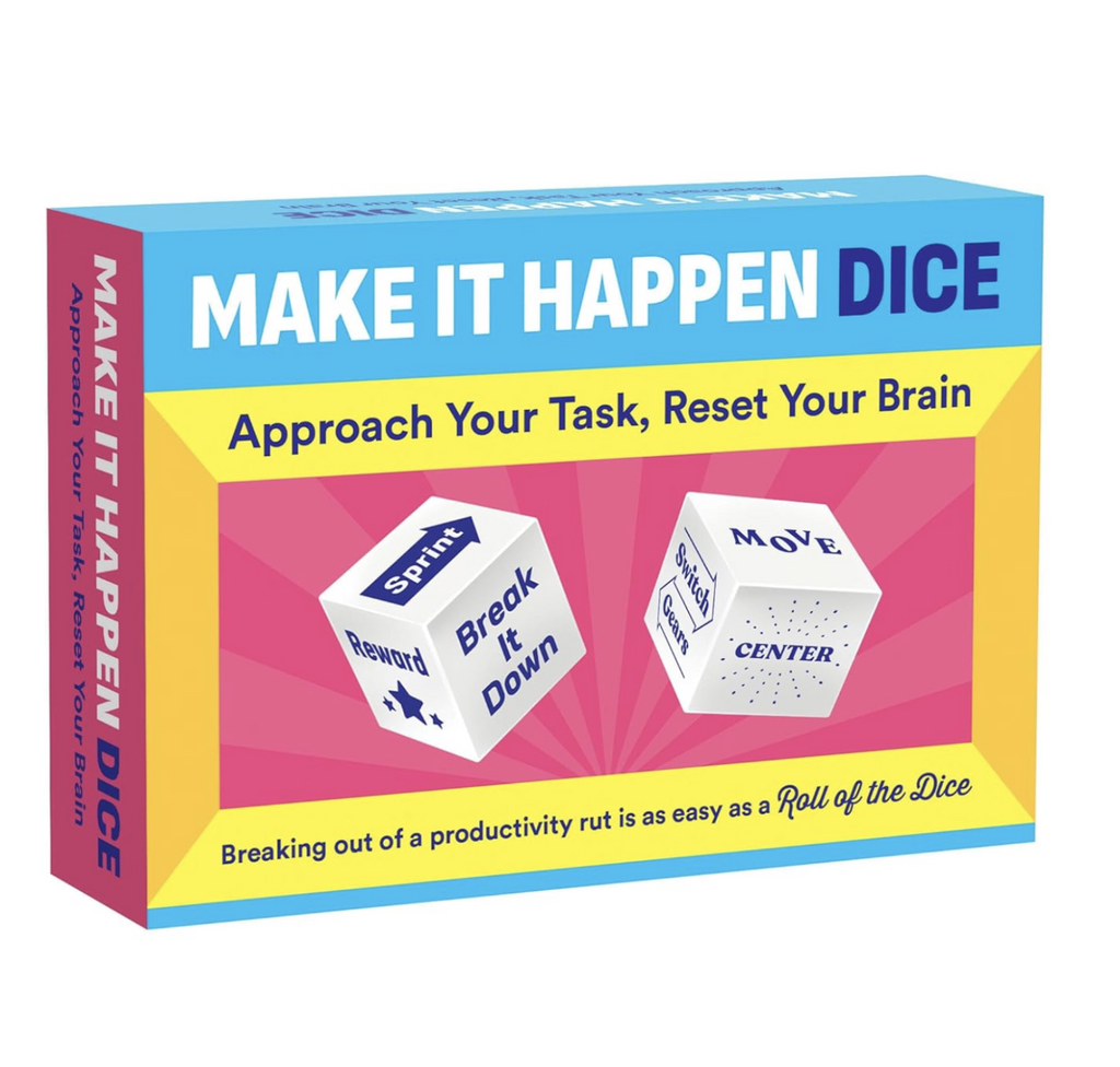 Make it Happen Dice set packaged in it's box with pink, yellow and blue colors and illustrations of the dice on the front. 