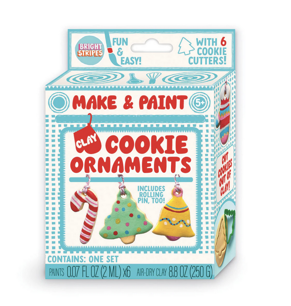 Make and Paint Cookie Ornaments box with images of completed candy cane, Christmas tree and holiday bell cookie ornaments. 