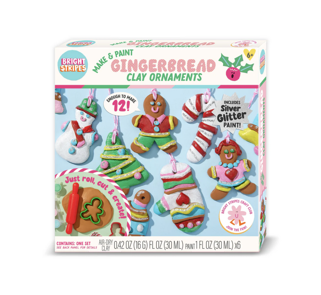 White box with pictures of gingerbread ornaments in festive holiday shapes and painted using the Make and Paint Gingerbread Clay Ornaments kit. 