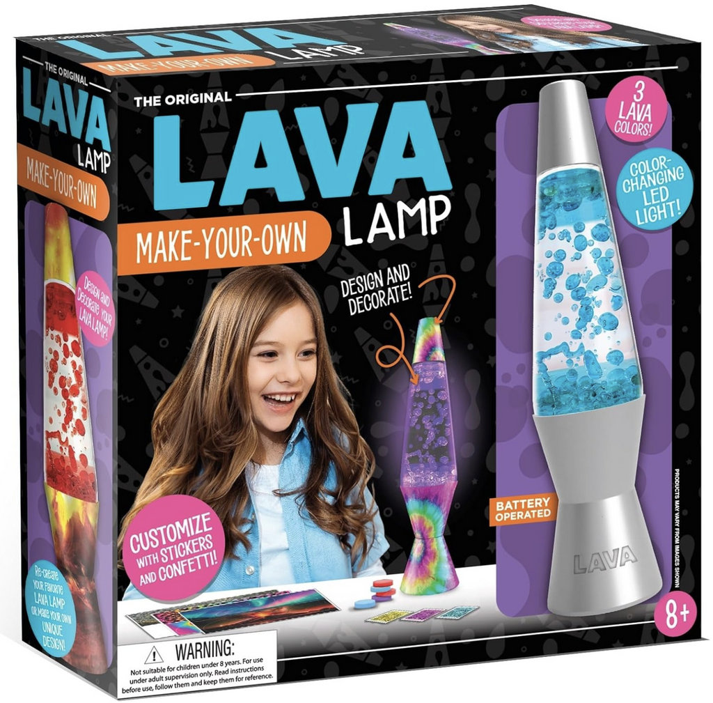 Make Your Own Lava Lamp craft kit box with a image of a young girl in the process of customizing a lava lamp. 