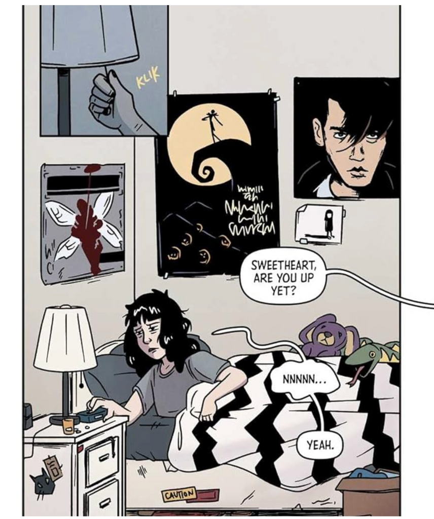 Excerpt from Mall Goth the graphic novel of an illustration of Liv' sroom and her waking up for the first day of school. 