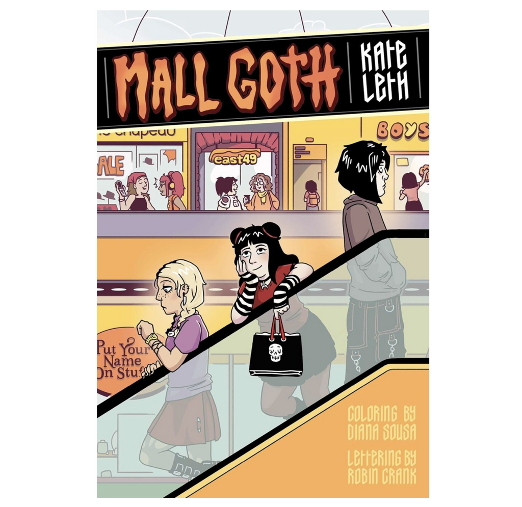 Cover of Mall Goth with illustration of characters on an escalator. 