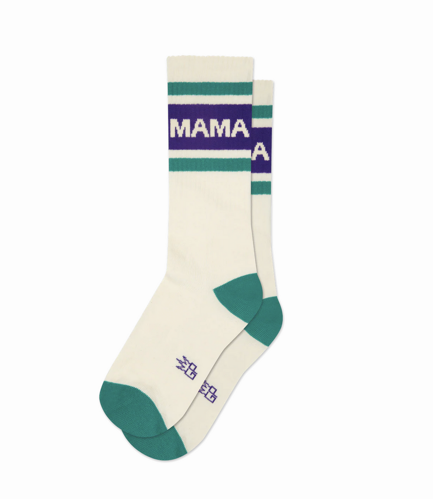 Pair of athletic crew socks, white with accents of teal, cream, and  purple. 