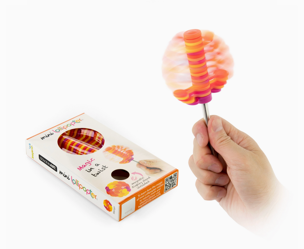 Hand twisting Mago Mini Lollipopter to show scale and motion.