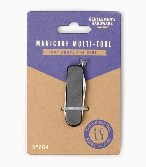 The Manicure Multi Tool on a purple and brown hangcard .