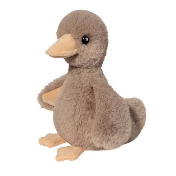 Super cute baby gosling stuffed animal with soft brown fur and light yellow beak, webbed feet and inner wings. 