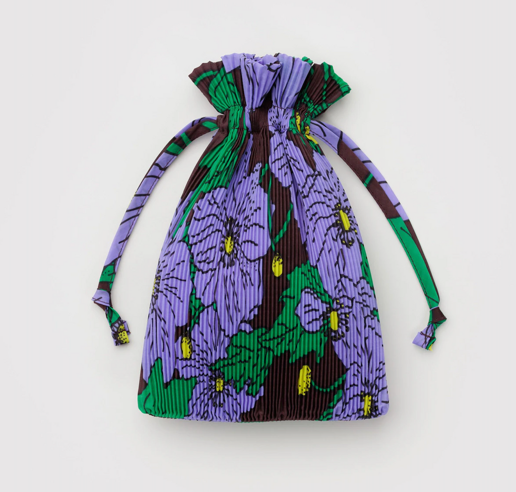 Drawstring bag with the Pleated Maroon Poppy Baggu reusable bag stored inside. 