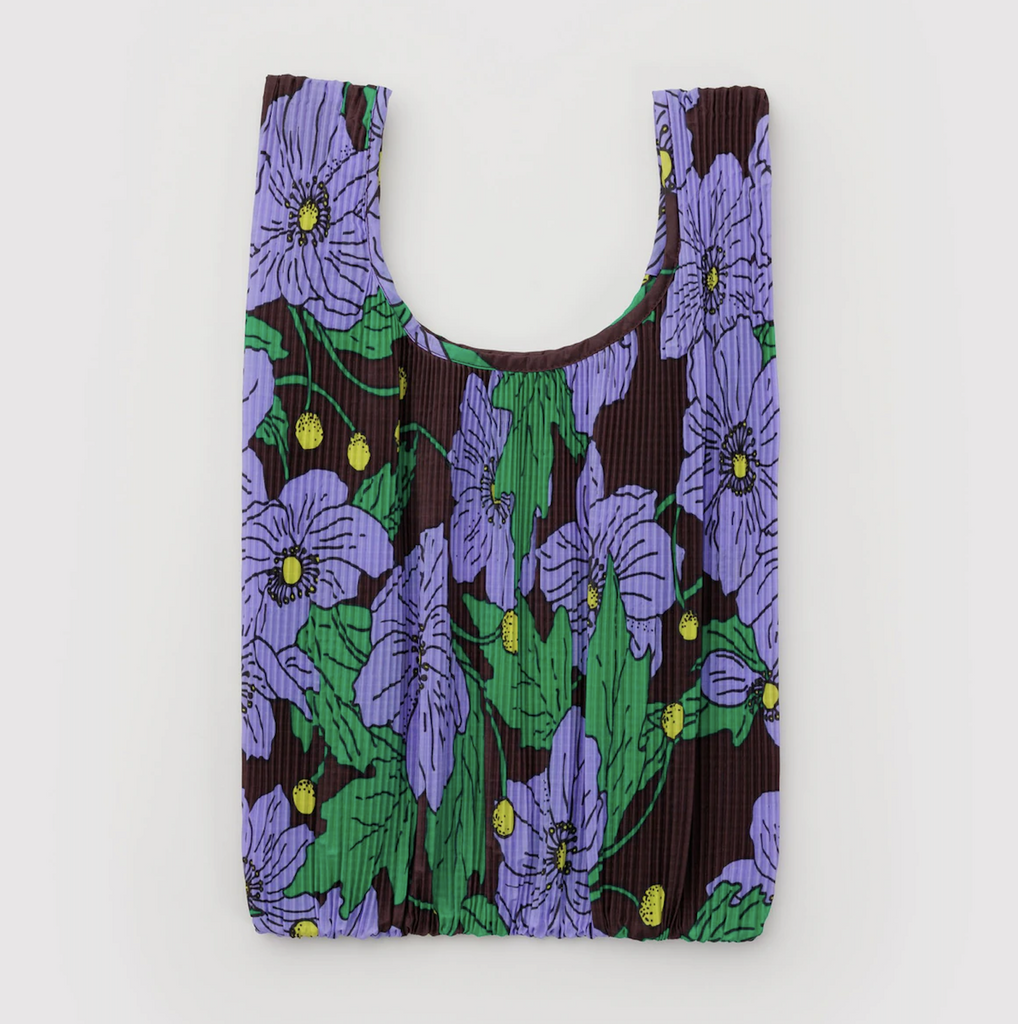 Pleated Baggu Maroon Poppy reusable shopping bag with vibrant purple, green and brown floral pattern. 