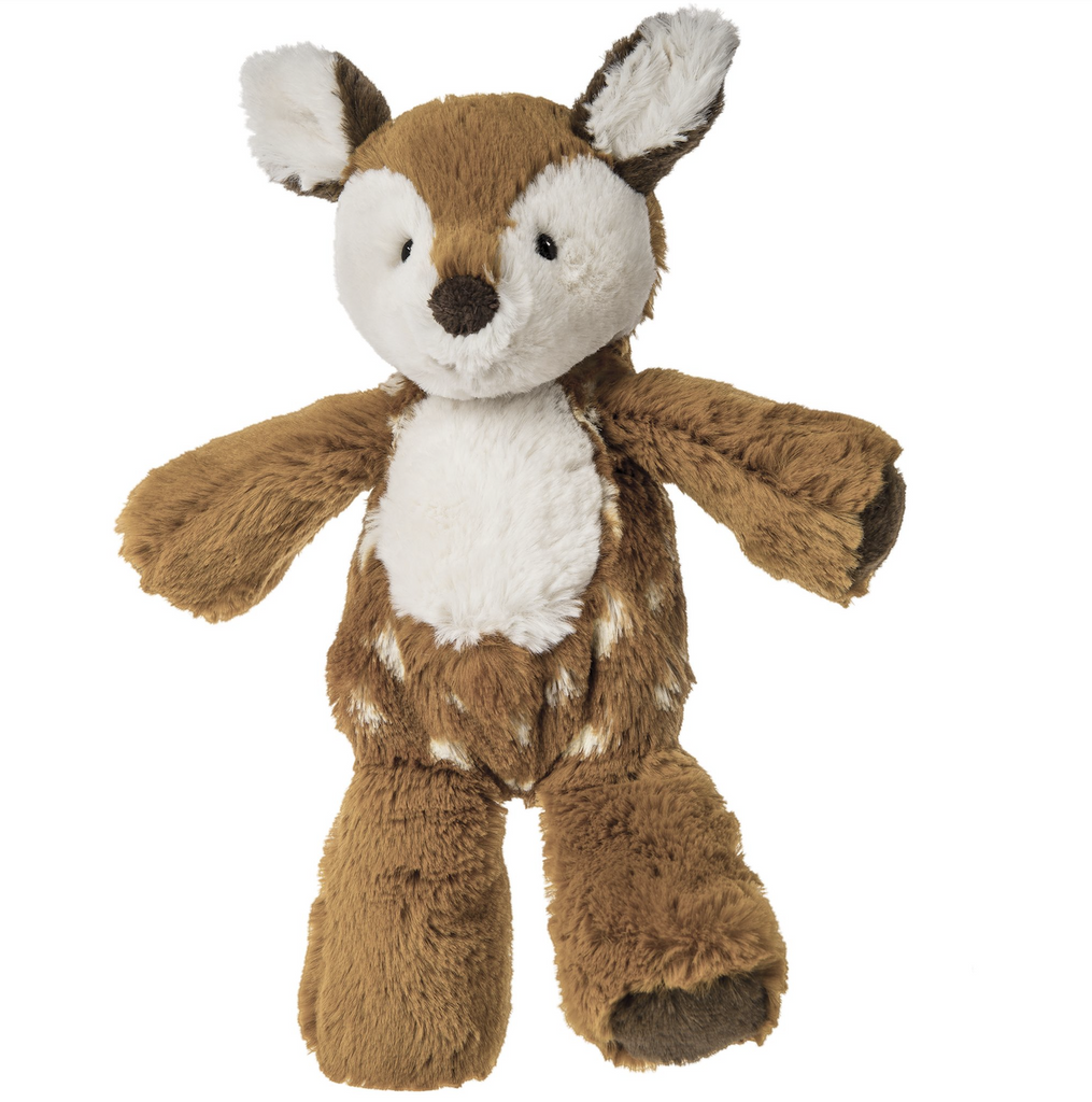 Marshmallow Junior Fawn stuffed animal with rich brown fur, cream chest and face and spots. 