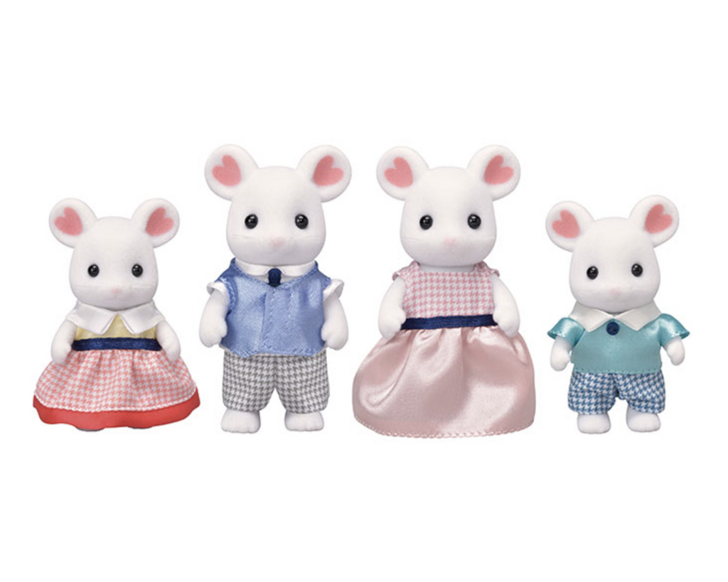 Calico Critters Marshmallow Mouse Family. Family of four white mice with mom and daughter wearing  dresses with herringbone pattern and dad and son wearing pants with a herringbone pattern and vests. 