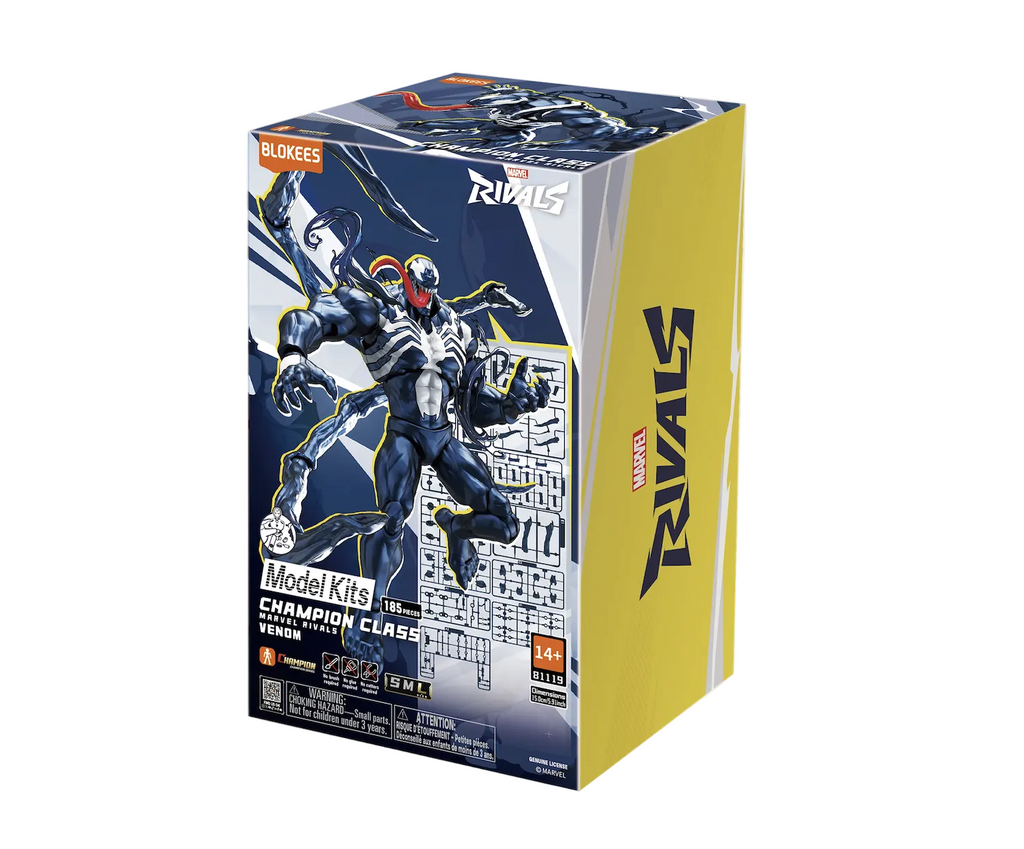 Box containing the Marvel Rivals Champion Class Venom Model kit from Blokees. With pictures of the model in various poses that can be set once Venom has been brought to life. 