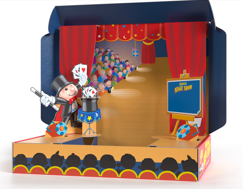Colorful theater made from the box of Marvin's First Magic Show Kit with red curtains on a blue background. 