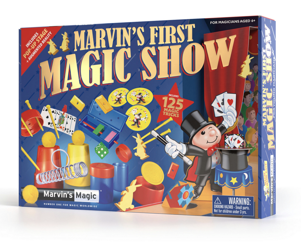 Cover of Marvin's First Magic Show Kit with pictures of many of the tricks inside. 