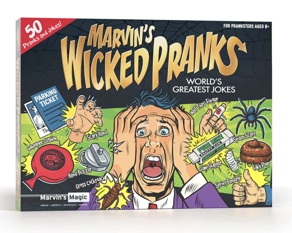 Marvin's Wicked Pranks box cover with a comic book style illustration of a guy with his hands on his face and a surprised look with many of the pranks and tricks included in the set around him. 