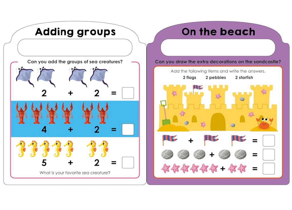 Interior pages of the My First Wipe Clean Math Workbook with beginner math concepts using sea animals and a sand castle. 