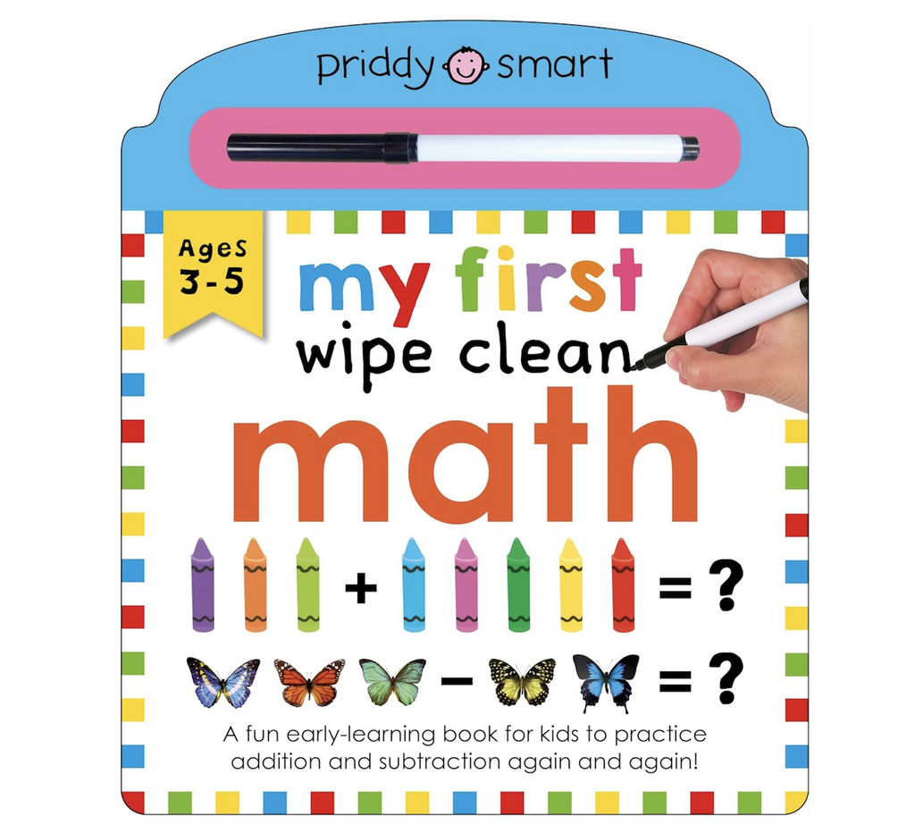 Cover of the "My First Wipe Clean Math" workbook with illustrations of crayons and butterflies grouped together in addition  and subtraction equations. 