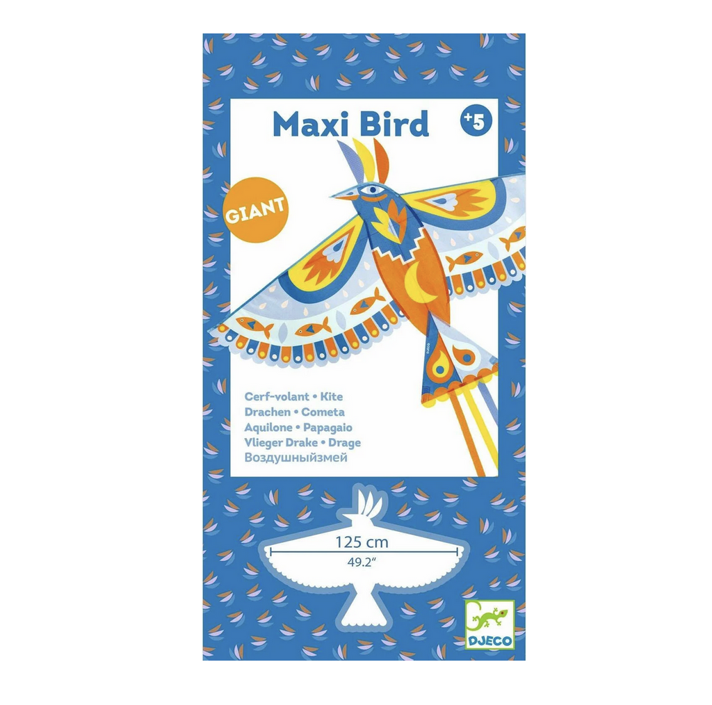 Card with illustrated image of the Maxi Bird Kite opened to show it's wingspan and colorful decoration. 