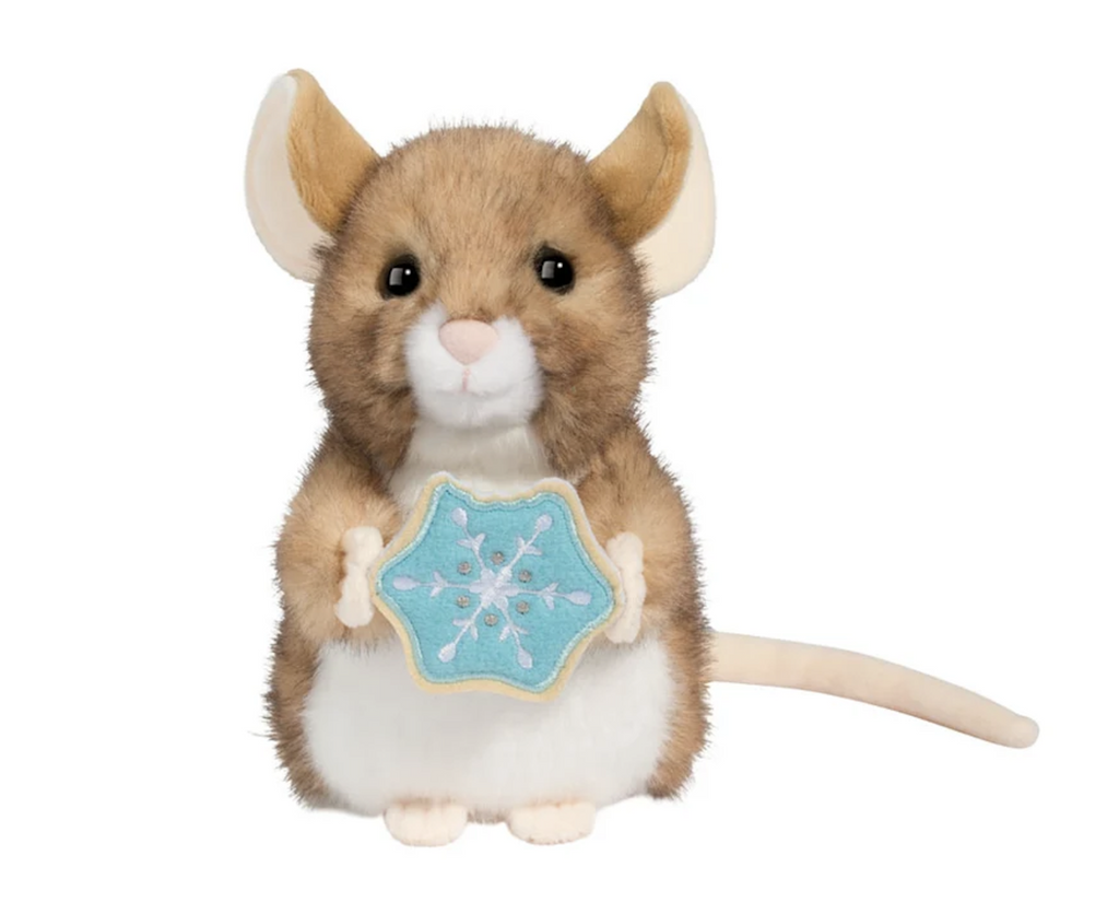 Cute little brown and white mouse stuffed animal holding a decorated cookie with white and icing. 