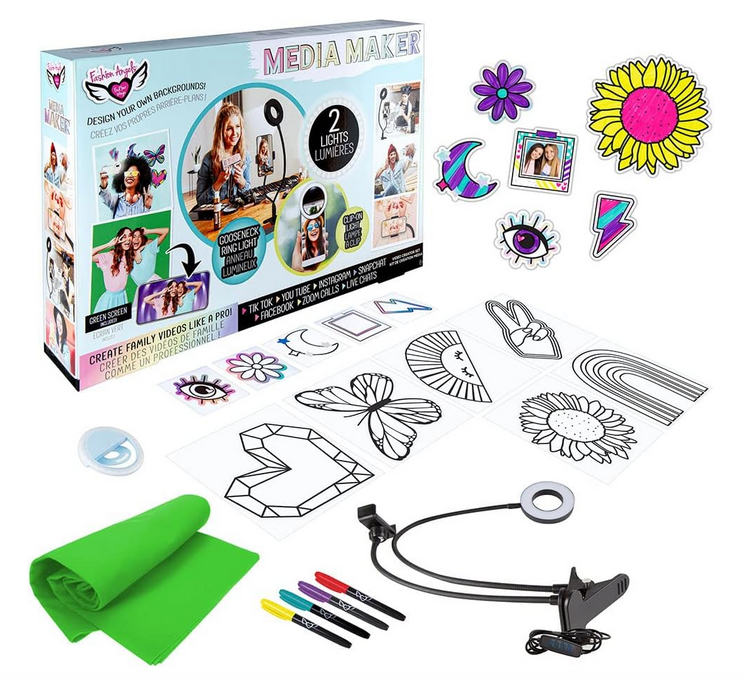 This Fashion Angels DIY Media Creator Design Kit gives you the tools to create videos and photos to post and share with your friends and family. You get a 360-degree flexible gooseneck ring light with 3 lighting modes and clamp, clip-on ring light, 39" x 59" green screen, 4 permanent markers (pink, blue, yellow, purple), 10 wall decals, and instructions.
