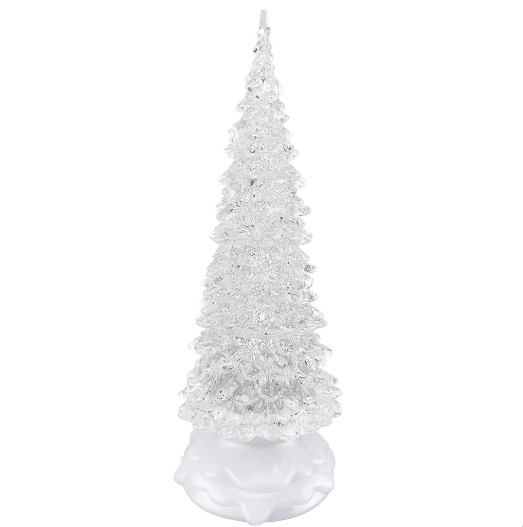 Clear, plastic Christmas tree filled with liquid and glitter that for a snow globe effect. When turned on the tree changes colors with a led light. 
