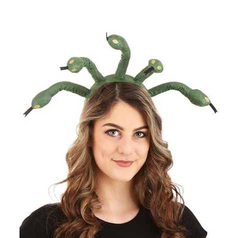 The Medusa headband is a crown of snakes with adjustable snakes that have a shiny scale pattern on the surface. The snakes also have gold eyes and forked tongues. Here being worn by an adult. 
