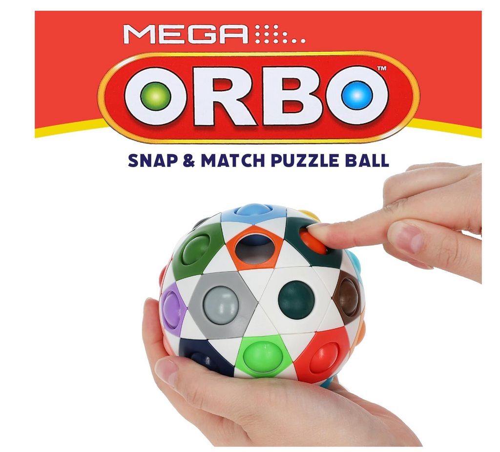 Graphic of the Mega Orbo sitting in a person's hand while they push in the color buttons with the other hand.