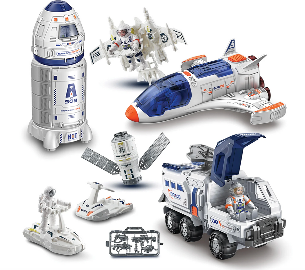 Included blue and white Nasa themed space vehicles, astronauts, and more n a white background.
