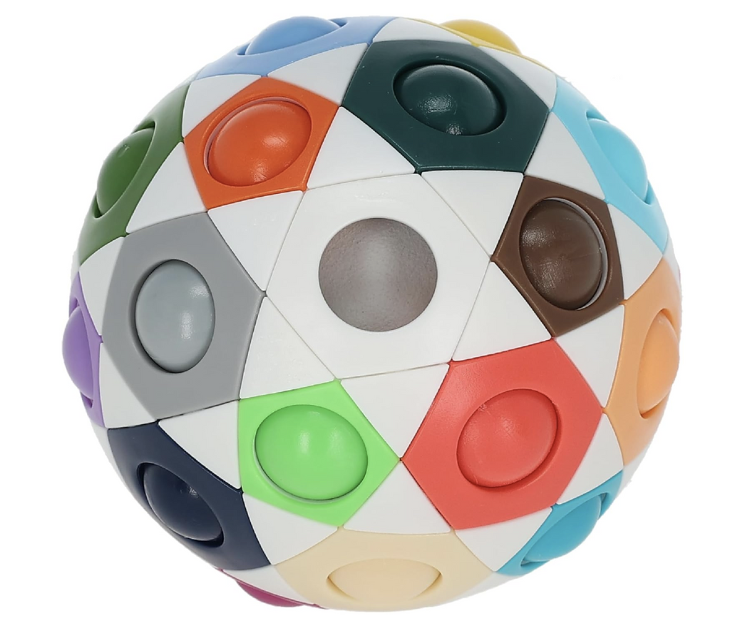 Mega Orbo is a white handheld round puzzle with bright colored sections and colored balls that pop up.