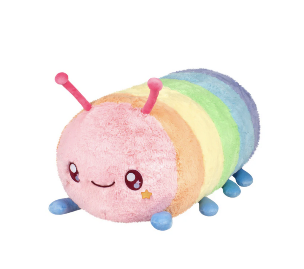 Jumbo Mega Rainbow Caterpillar Squishable plush doll. With a sweet pink face, antennae and rainbow stripes down the rest of it's body. 