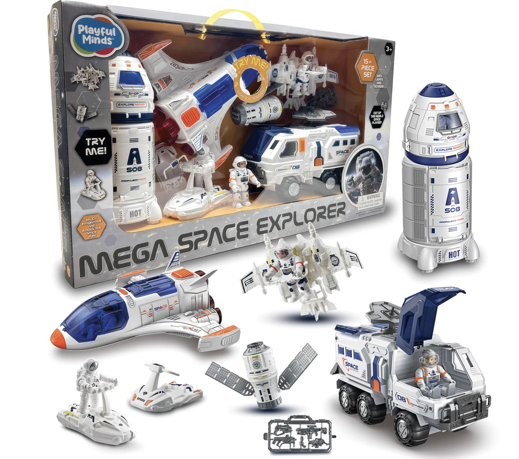 Mega Space Explorer set features a rocket, 2 astronauts, space shuttle, jetpacks, satellite, and more in this giant Nasa themed play set.