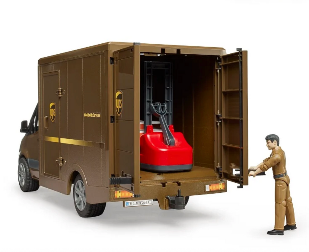 The Mercedes-Benz Sprinter UPS toy truck with the back doors opened and the red pallet jack loaded up in the back of the truck. 