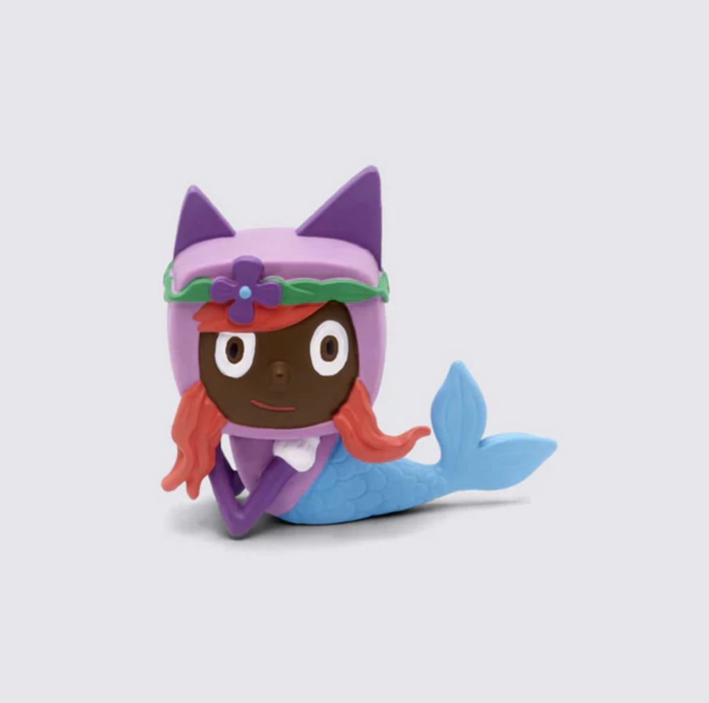 Mermaid Tonie figure. Cute Black mermaid with long red hair wearing a purple cat hat, purple shirt, with a blue mermaid tail.