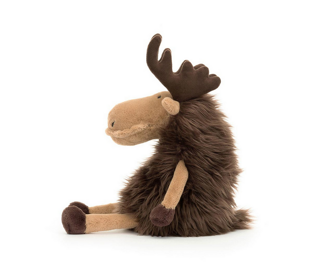 Side view of Merrick Moose plush.