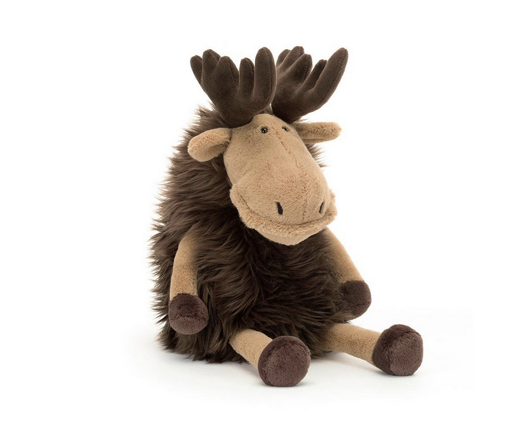 Plush seated brown moose with dark brown antlers, hooves, and a furry dark brown body.