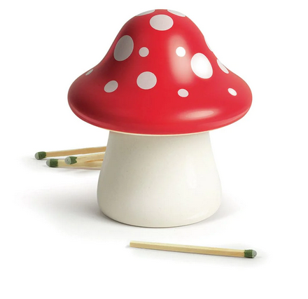 Merry Mushroom high-quality ceramic match strike holds 40 matches that light on the underside of the cap. 