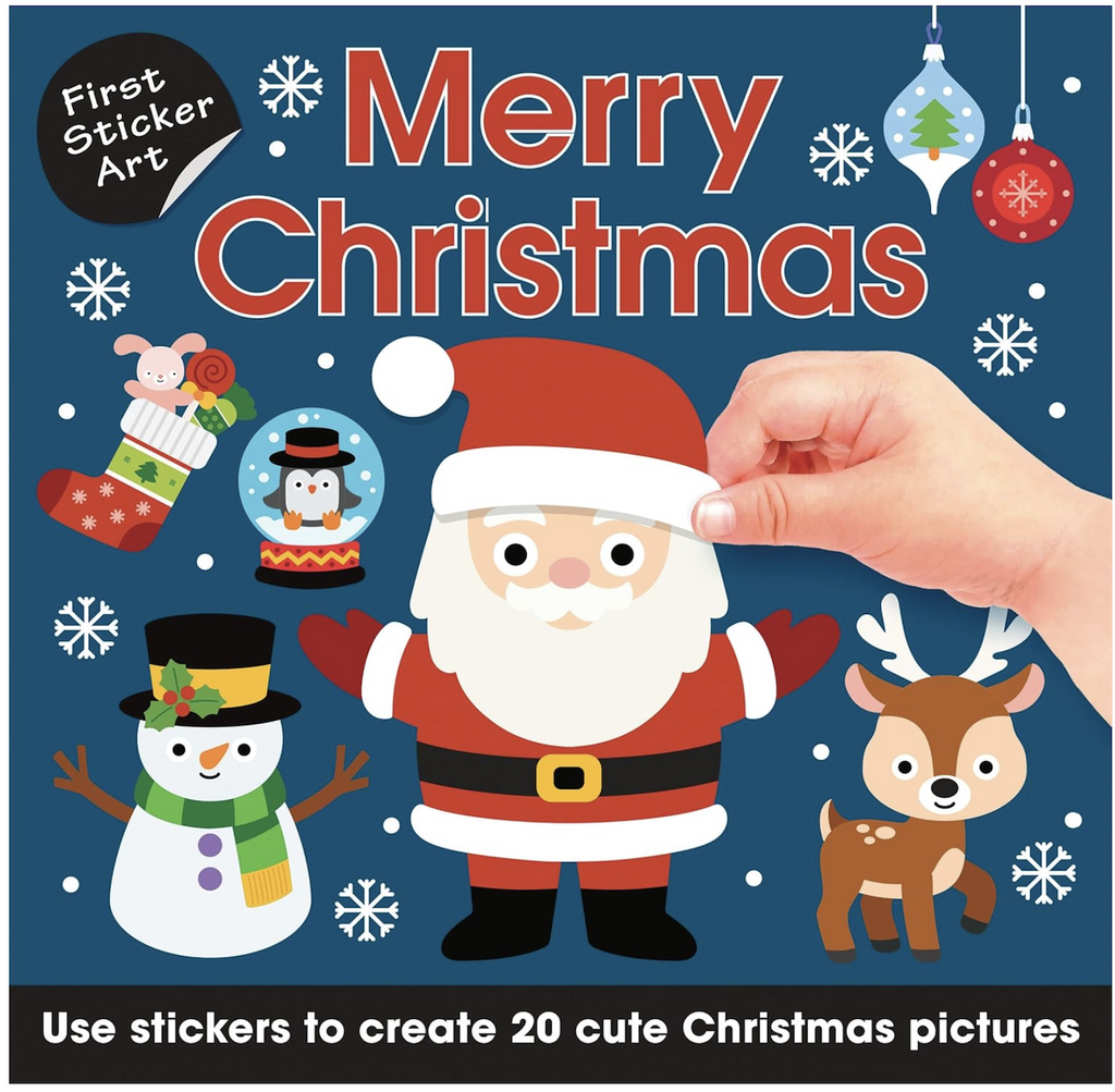 Merry Christmas Color by Sticker book cover with pictures of a Santa, snowman, reindeer and filled stocking to be made using the stickers in the book. 