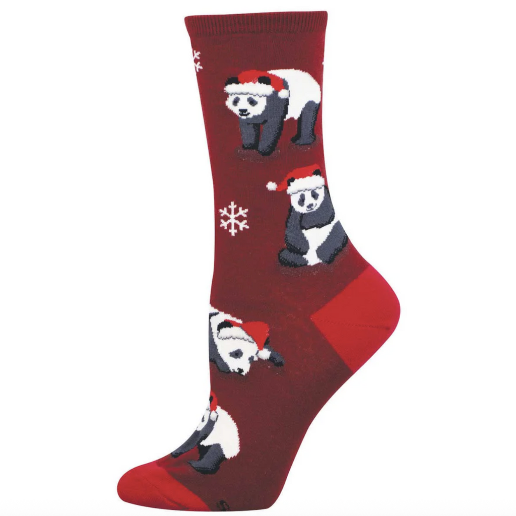 Festive red socks with a pattern of cute pandas wearing Santa hats and snowflakes.  