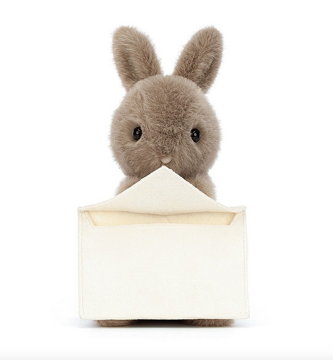 Plush brown bunny holding a white envelope that is open to show where a note can placed. 