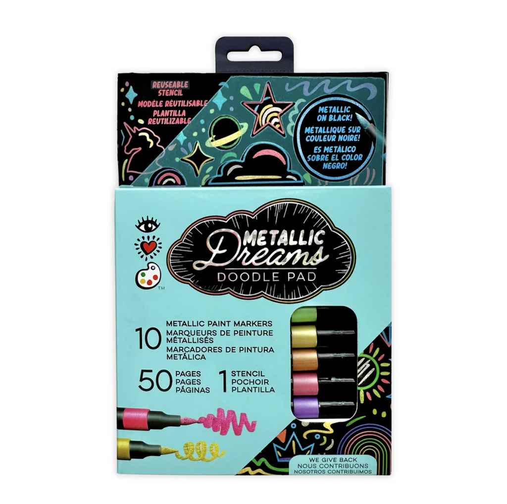 The Metallic Dreams Doodle Pad with markers packaged in a green and black box which features squiggles of a pink and gold that highlight the metallic quality of the markers and designs drawn all over a black background. 