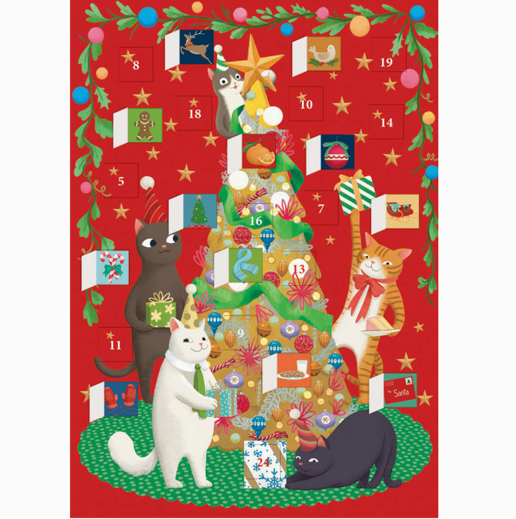 Miaow Factor Advent Calendar with some of the tabs opened to show the festive images underneath. 