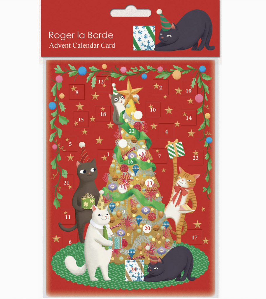 Advent Calendar greeting card with festive cats around a beautifully decorated tree. 