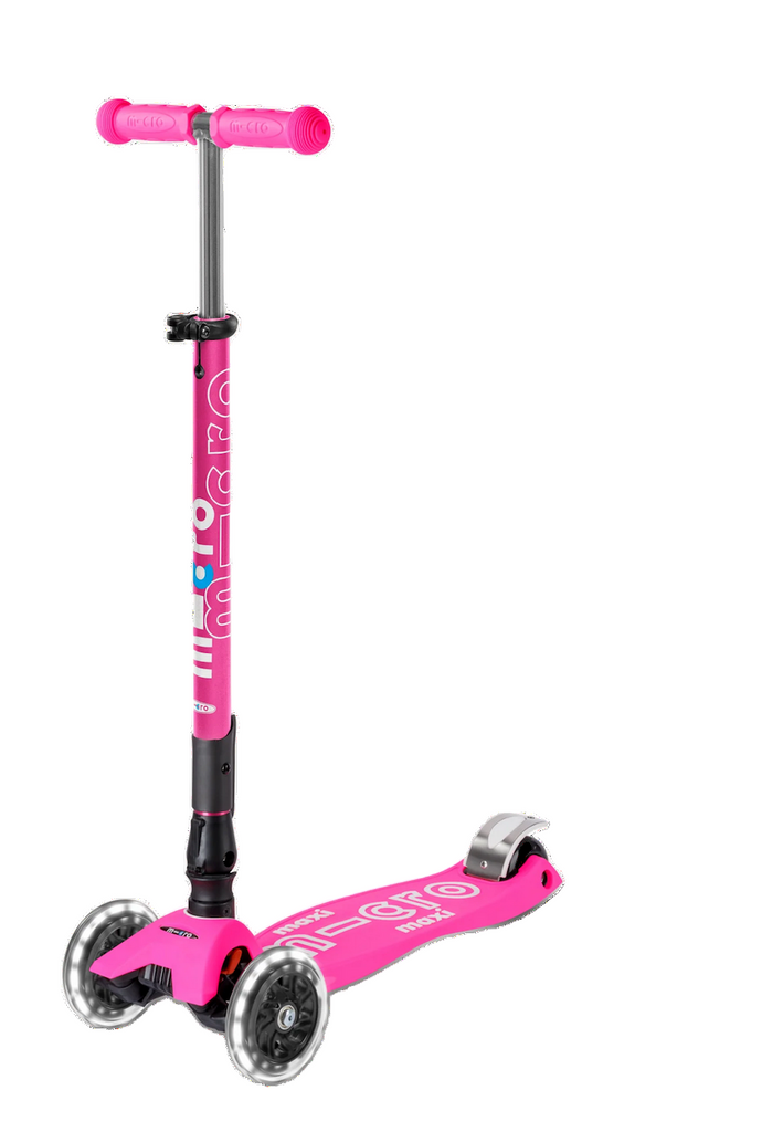 The Maxi Foldable LED Scooter in neon pink with light up LED wheels. 