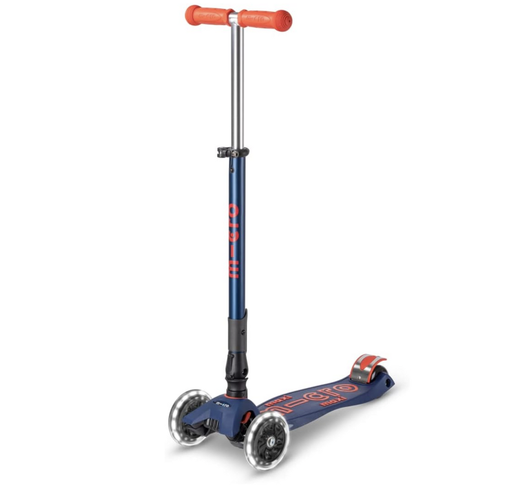 Navy and red Micro Maxi Foldable LED Scooter with LED light up wheels. 