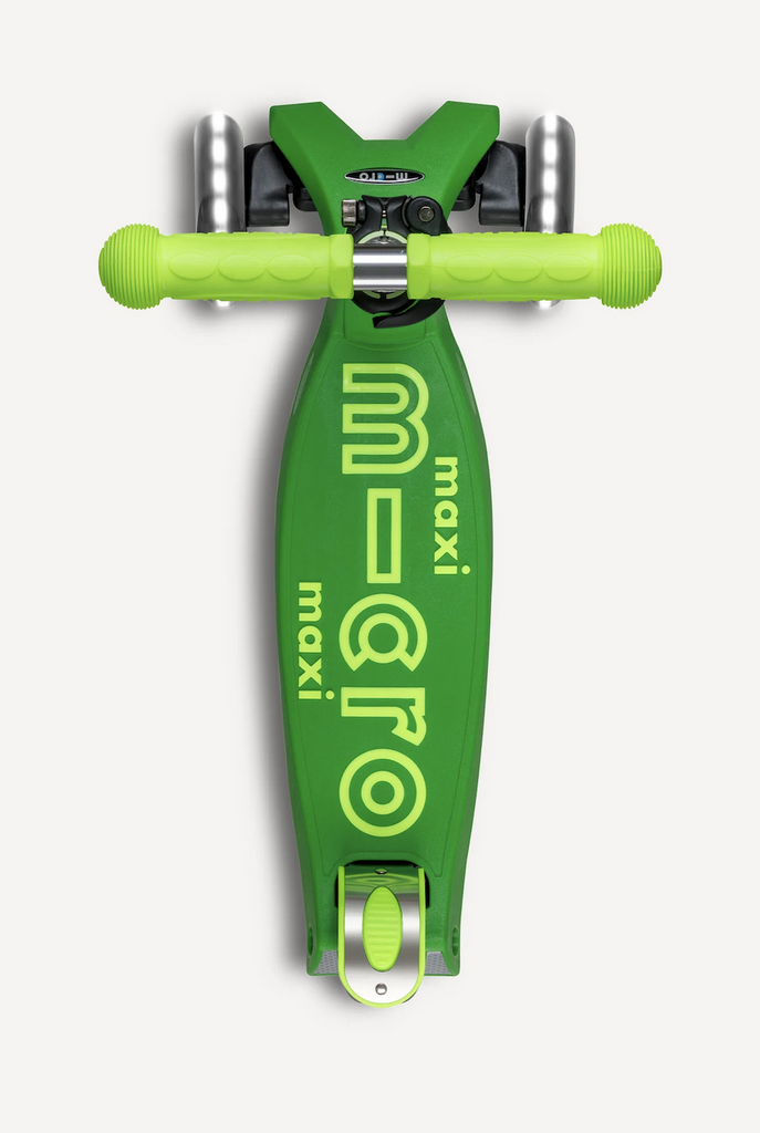 Micro Maxi Foldable LED Scooter in Parrot Green viewed from above the handle bars. The parrot green has a darker green on the kickboard with a lighter, brighter green on the handle bars and lettering for an awesome color contrast. 