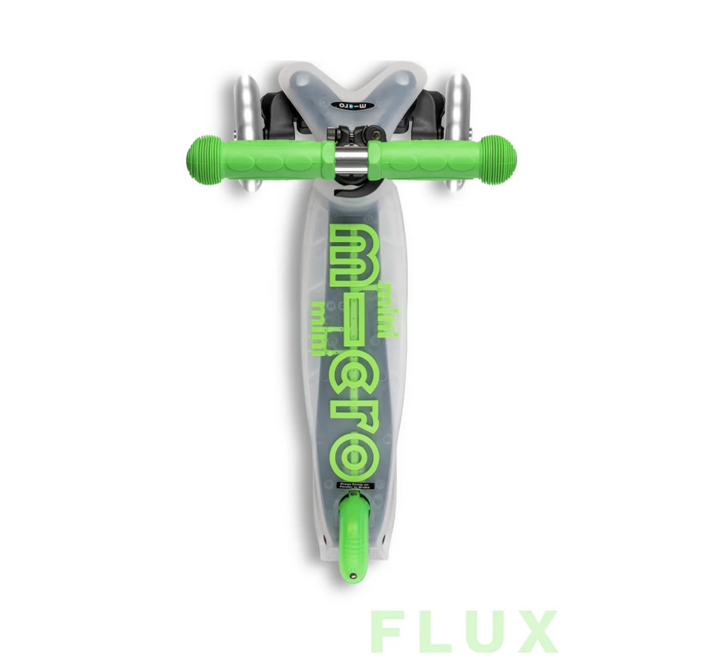 Micro Mini Flux LED Scooter Neon Green with translucent deck with bright green lettering and handlebars. 