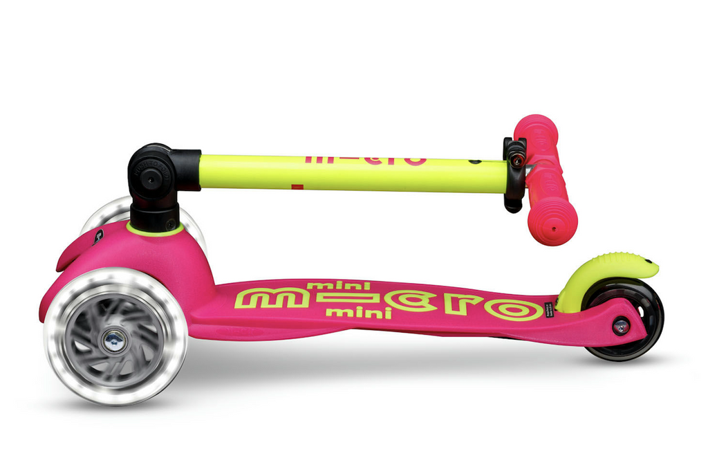 Micro Mini Foldable LED Scooter in Neon Flamingo color. A neon pink and yellow combination with light up LED wheels. 