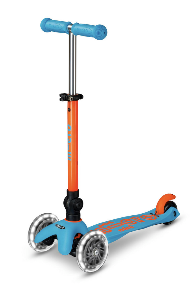 Foldable Micro Mini Scooter with aqua  blue handle grips and deck with neon orange accents and light up wheels, 