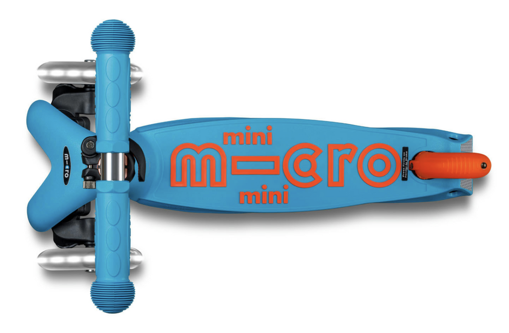 Micro Mini Foldable LED Scooter in Ocean Blue, a bright blue and orange color combination with the handlebar folded so it is easy to take with you. 